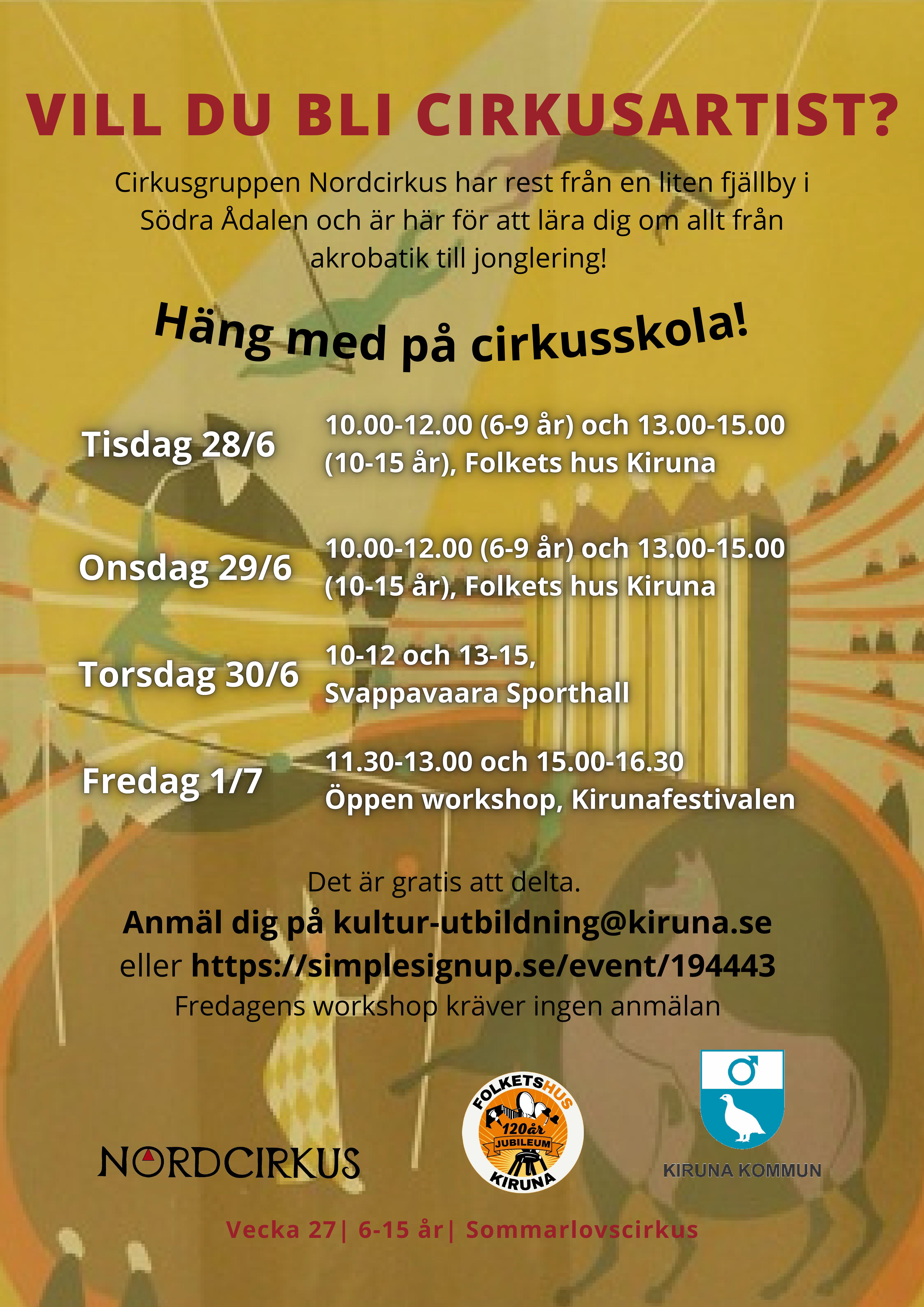 Affisch för GRATIS CIRKUSSKOLA på Bio i Kiruna på Kiruna Folkets Hus